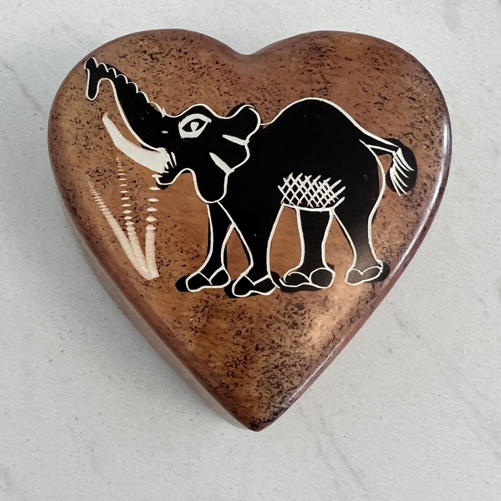 Heart Shapedโ Trinket Box Hand Painted Elephant Folk Art Boho Safari Vtg